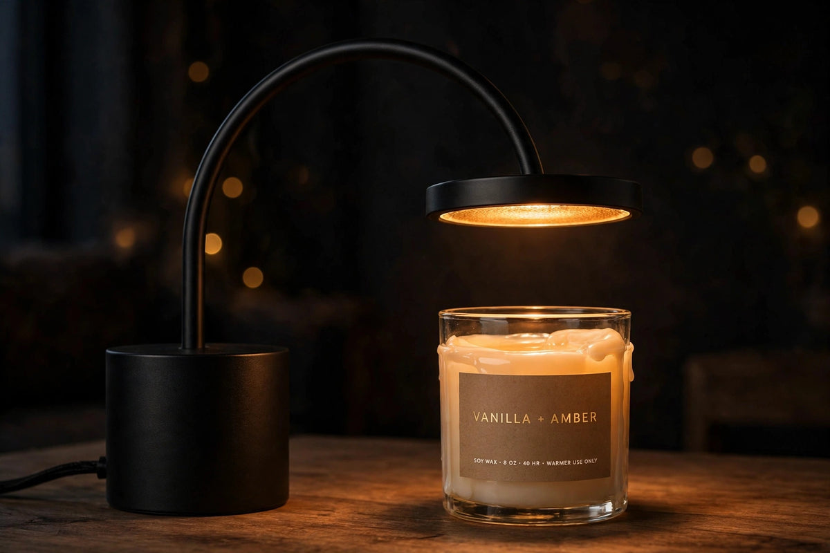 KAVRYNEX Electric Candle Warmer Lamp glowing over a candle