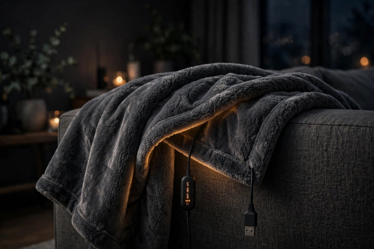 KAVRYNEX USB Heated Blanket draped over a couch