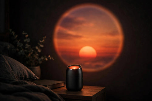 KAVRYNEX Sunset Projection Lamp glowing in a dark bedroom